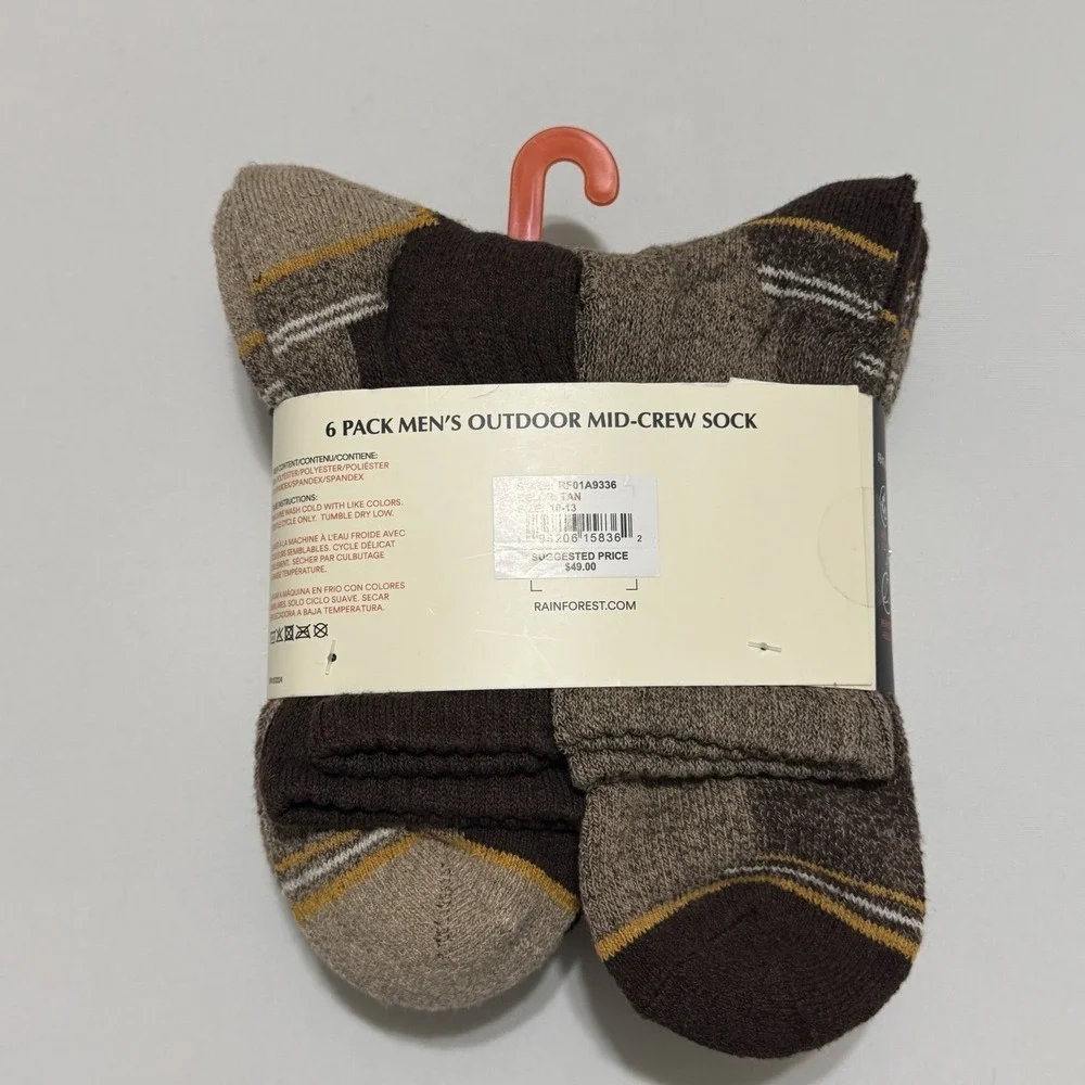Rainforest 6-Pair Men's Outdoor‎ Mid Crew Socks Shoe Size 6-12 Size 10-13 Tan